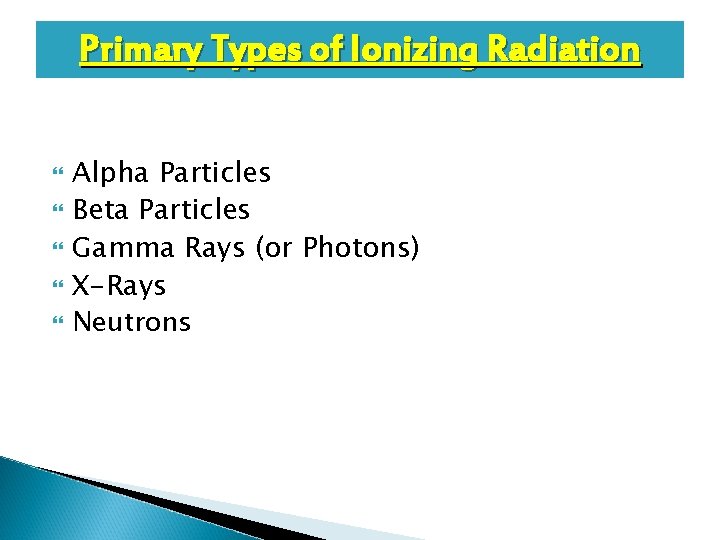 Primary Types of Ionizing Radiation Alpha Particles Beta Particles Gamma Rays (or Photons) X-Rays