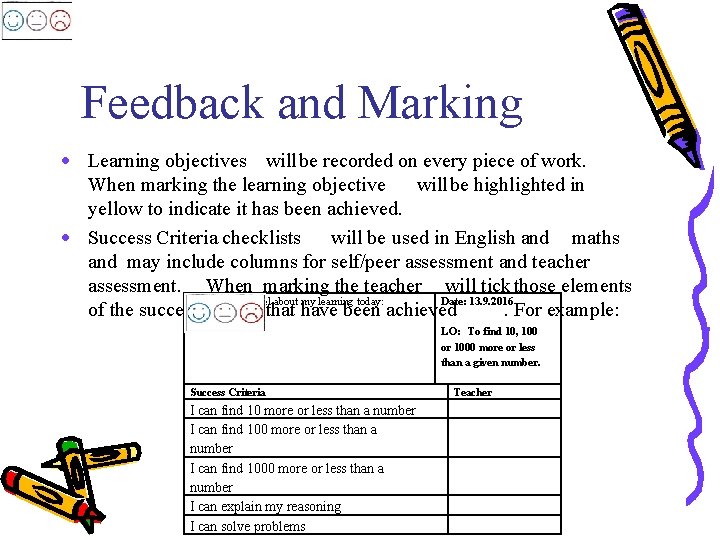 Feedback and Marking · Learning objectives will be recorded on every piece of work.