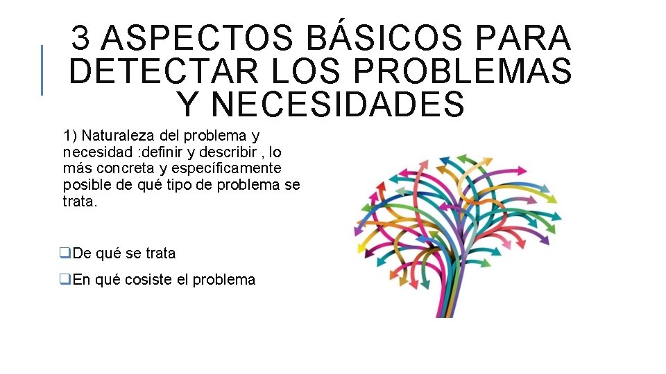 3 ASPECTOS BÁSICOS PARA DETECTAR LOS PROBLEMAS Y NECESIDADES 1) Naturaleza del problema y