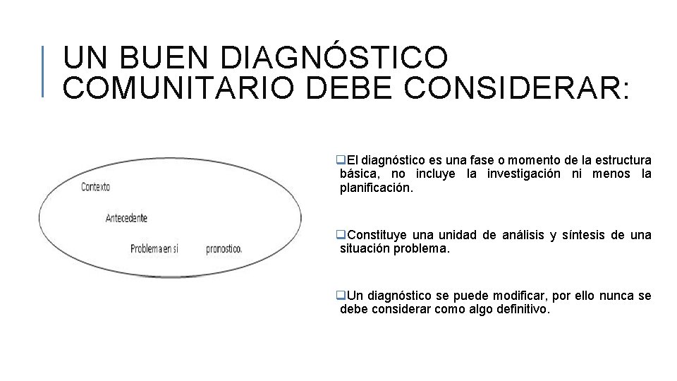 UN BUEN DIAGNÓSTICO COMUNITARIO DEBE CONSIDERAR: q. El diagnóstico es una fase o momento
