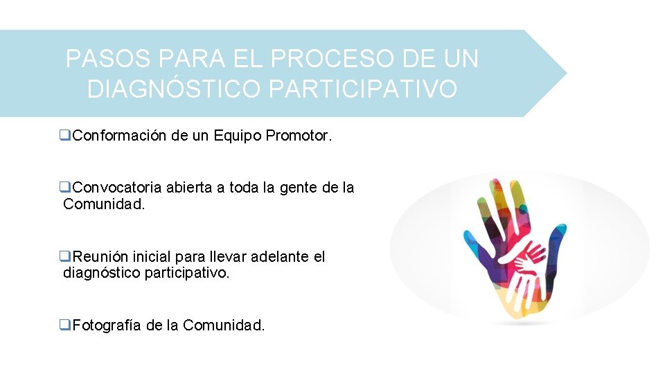 PASOS PARA EL PROCESO DE UN DIAGNÓSTICO PARTICIPATIVO q. Conformación de un Equipo Promotor.