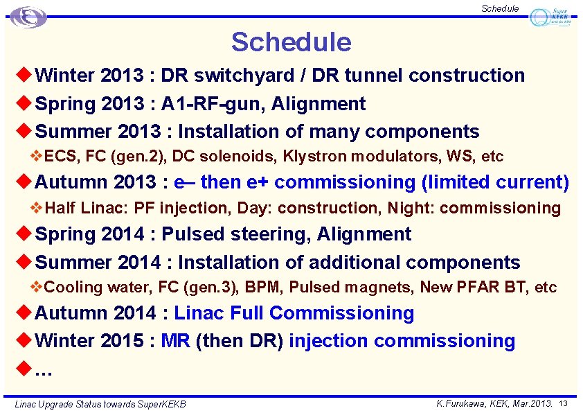 Schedule u Winter 2013 : DR switchyard / DR tunnel construction u Spring 2013