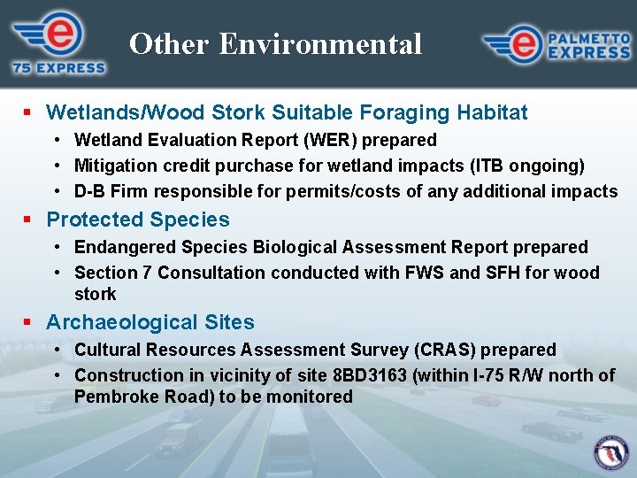 Other Environmental § Wetlands/Wood Stork Suitable Foraging Habitat • Wetland Evaluation Report (WER) prepared