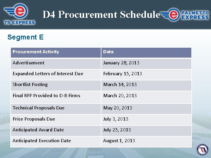D 4 Procurement Schedule Segment E Procurement Activity Date Advertisement January 28, 2013 Expanded
