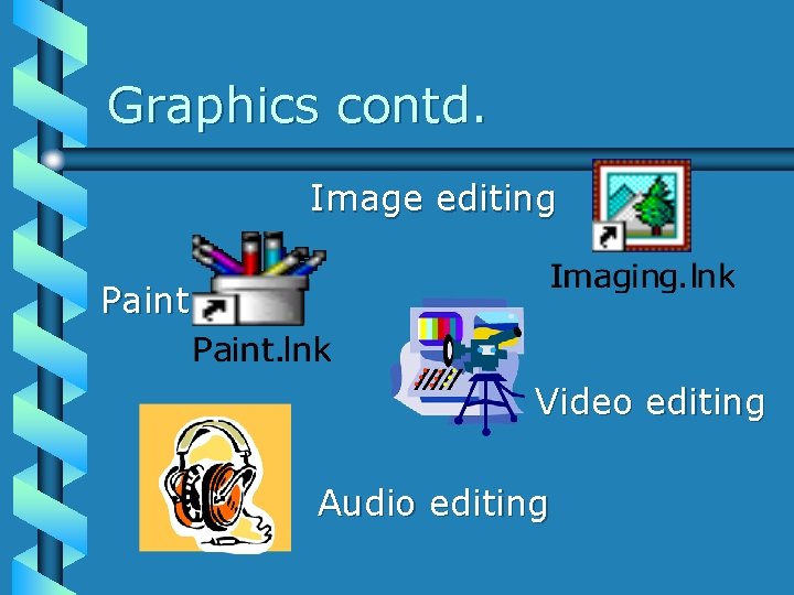 Graphics contd. Image editing Paint Video editing Audio editing 