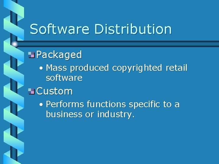 Software Distribution Packaged • Mass produced copyrighted retail software Custom • Performs functions specific