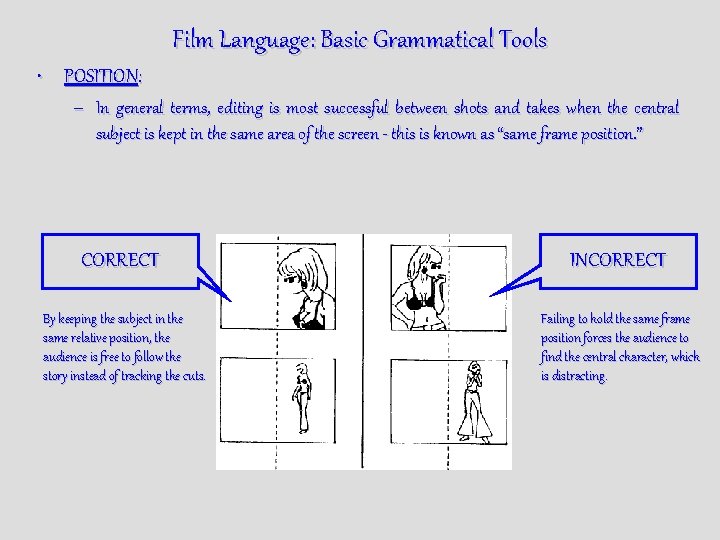 Film Language: Basic Grammatical Tools • POSITION: – In general terms, editing is most