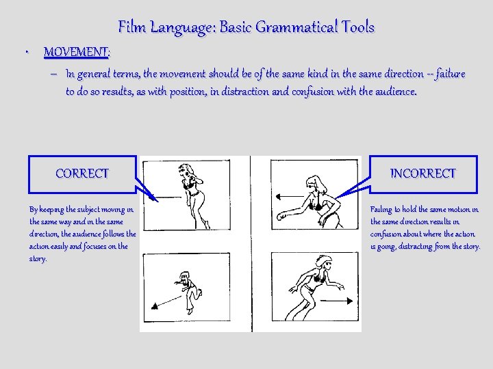 Film Language: Basic Grammatical Tools • MOVEMENT: – In general terms, the movement should