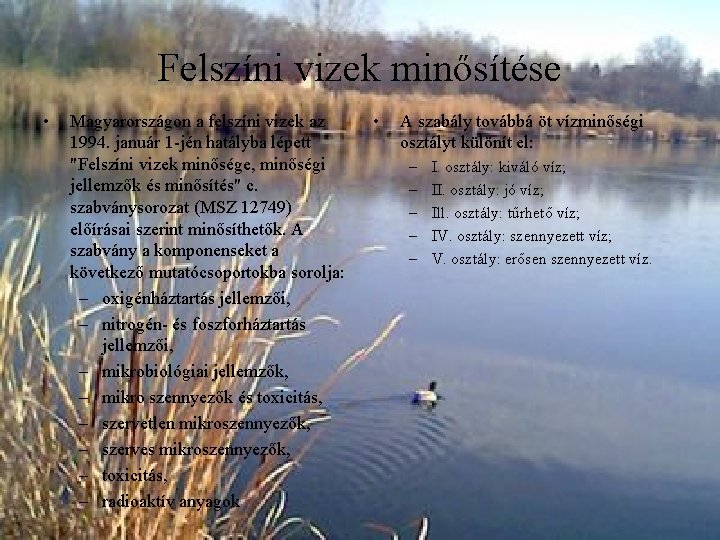 Felszíni vizek minősítése • Magyarországon a felszíni vizek az 1994. január 1 jén hatályba