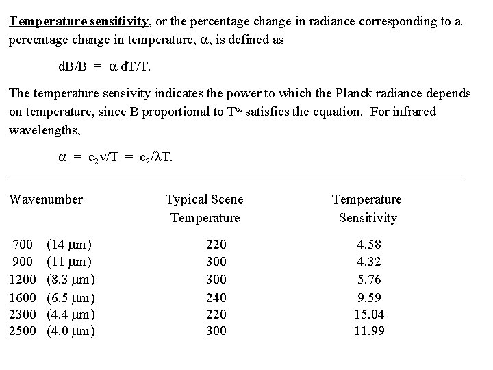 Temperature sensitivity, or the percentage change in radiance corresponding to a percentage change in