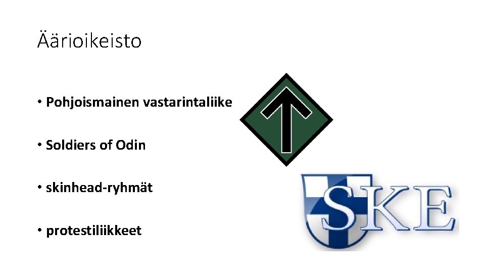 Äärioikeisto • Pohjoismainen vastarintaliike • Soldiers of Odin • skinhead-ryhmät • protestiliikkeet 