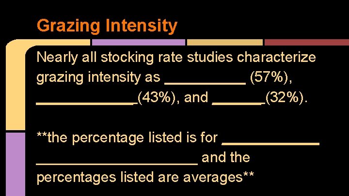 Grazing Intensity Nearly all stocking rate studies characterize grazing intensity as _____ (57%), ______