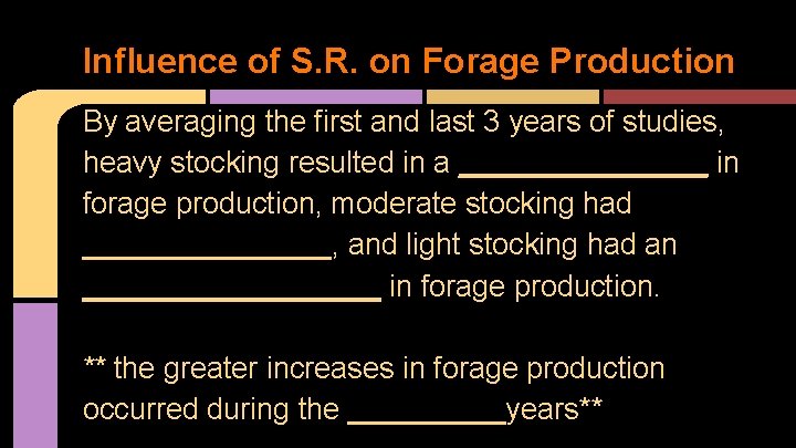 Influence of S. R. on Forage Production By averaging the first and last 3