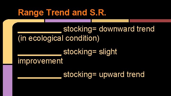 Range Trend and S. R. _____ stocking= downward trend (in ecological condition) _____ stocking=