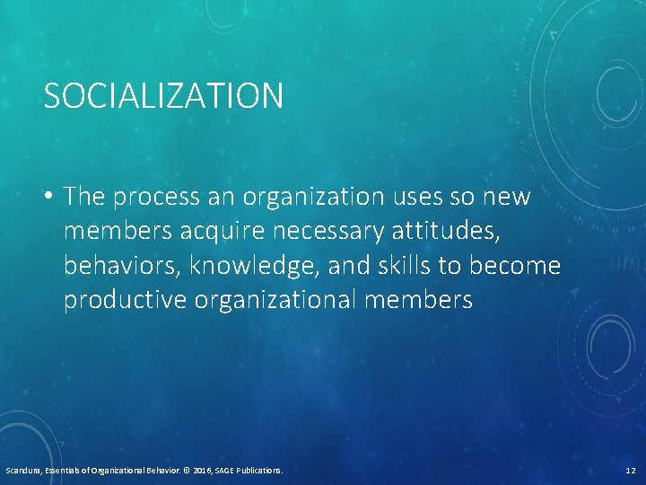 SOCIALIZATION • The process an organization uses so new members acquire necessary attitudes, behaviors,