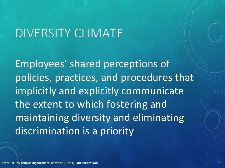 DIVERSITY CLIMATE Employees’ shared perceptions of policies, practices, and procedures that implicitly and explicitly