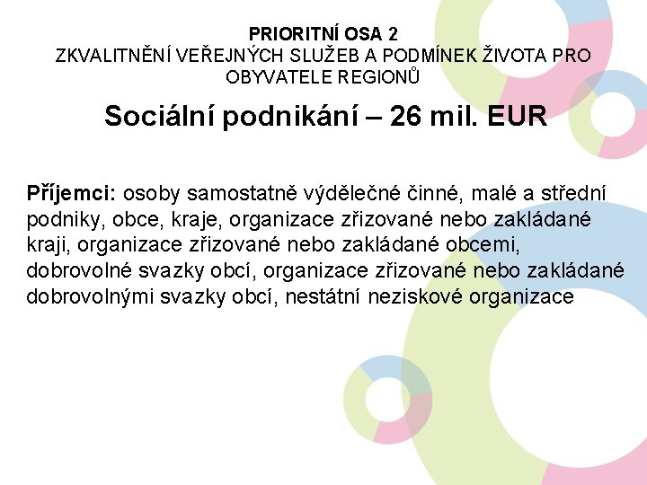 PRIORITNÍ OSA 2 ZKVALITNĚNÍ VEŘEJNÝCH SLUŽEB A PODMÍNEK ŽIVOTA PRO OBYVATELE REGIONŮ Sociální podnikání