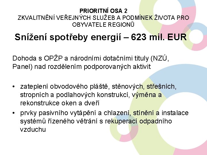 PRIORITNÍ OSA 2 ZKVALITNĚNÍ VEŘEJNÝCH SLUŽEB A PODMÍNEK ŽIVOTA PRO OBYVATELE REGIONŮ Snížení spotřeby