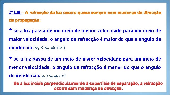 2ª Lei • se a luz passa de um meio de menor velocidade para