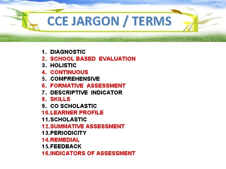 CCE JARGON / TERMS 1. DIAGNOSTIC 2. SCHOOL BASED EVALUATION 3. HOLISTIC 4. CONTINUOUS