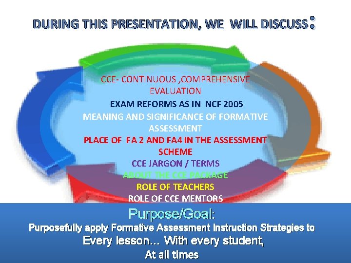 : DURING THIS PRESENTATION, WE WILL DISCUSS CCE- CONTINUOUS , COMPREHENSIVE EVALUATION EXAM REFORMS