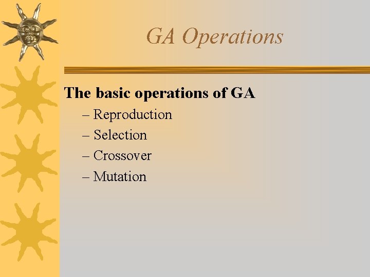 GA Operations The basic operations of GA – Reproduction – Selection – Crossover –