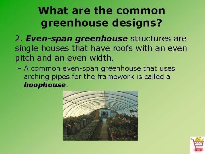 What are the common greenhouse designs? 2. Even-span greenhouse structures are single houses that