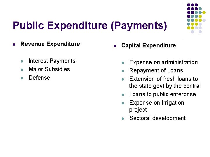 Public Expenditure (Payments) l Revenue Expenditure l l l Interest Payments Major Subsidies Defense