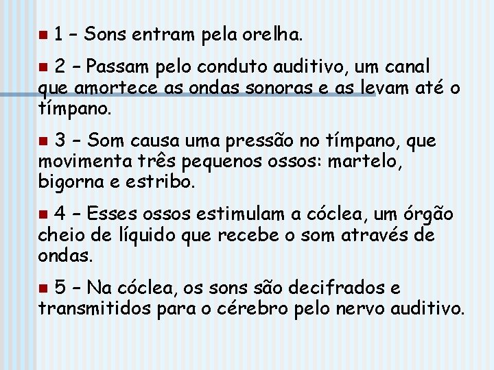 n 1 – Sons entram pela orelha. 2 – Passam pelo conduto auditivo, um