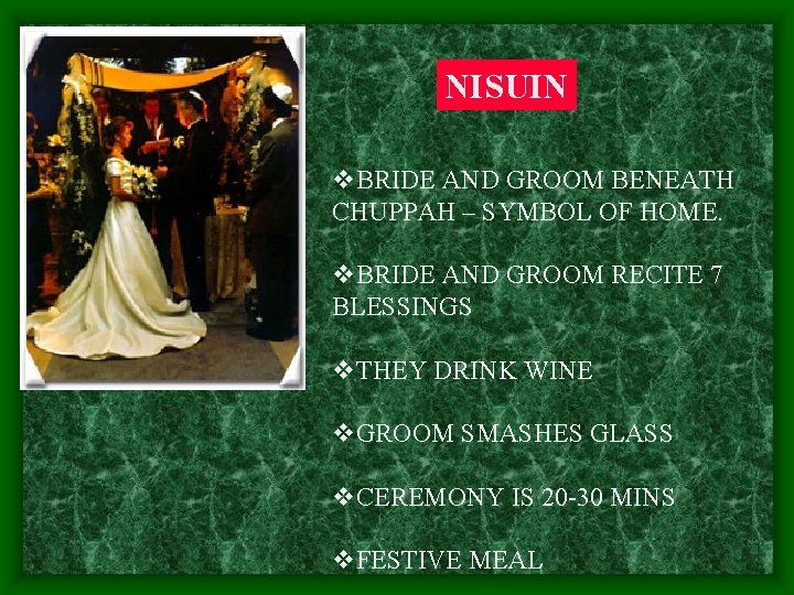 NISUIN v. BRIDE AND GROOM BENEATH CHUPPAH – SYMBOL OF HOME. v. BRIDE AND