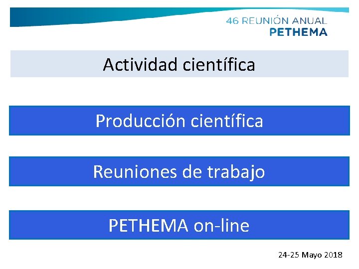 Actividad científica Producción científica Reuniones de trabajo PETHEMA on-line 24 -25 Mayo 2018 