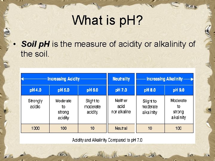 What is p. H? • Soil p. H is the measure of acidity or