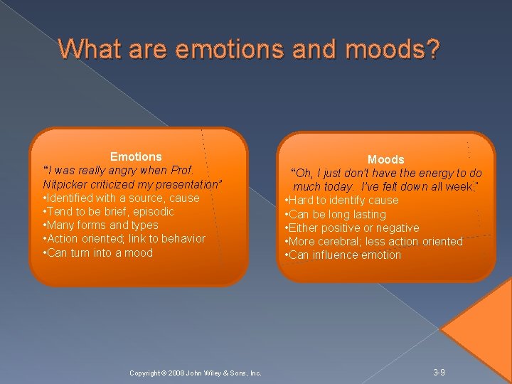 What are emotions and moods? Emotions “I was really angry when Prof. Nitpicker criticized
