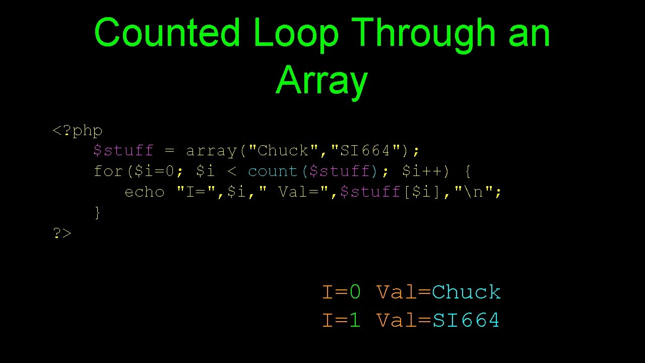 Counted Loop Through an Array <? php $stuff = array("Chuck", "SI 664"); for($i=0; $i