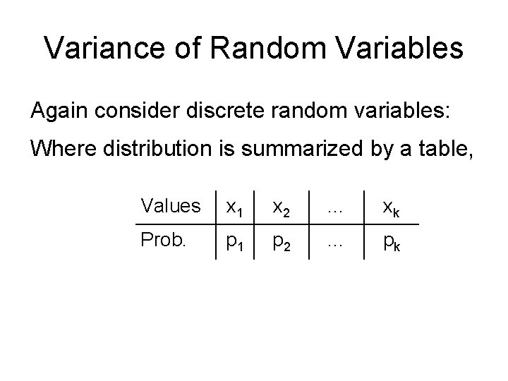 Variance of Random Variables Again consider discrete random variables: Where distribution is summarized by