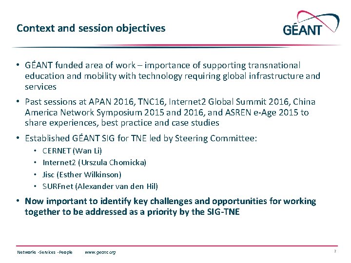 Context and session objectives • GÉANT funded area of work – importance of supporting