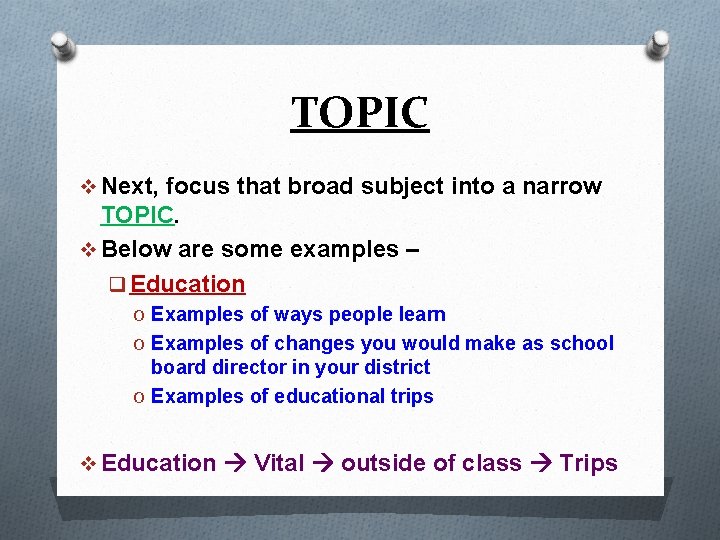 TOPIC v Next, focus that broad subject into a narrow TOPIC. v Below are