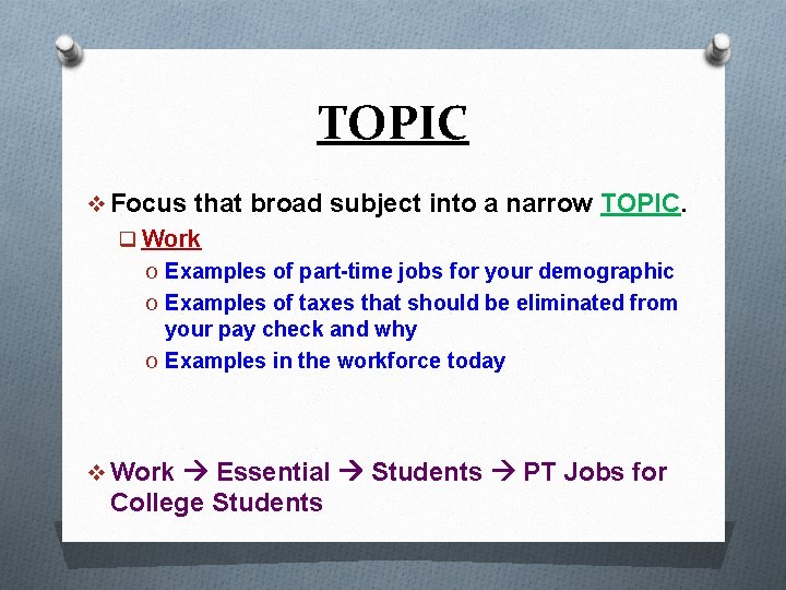 TOPIC v Focus that broad subject into a narrow TOPIC. q Work O Examples