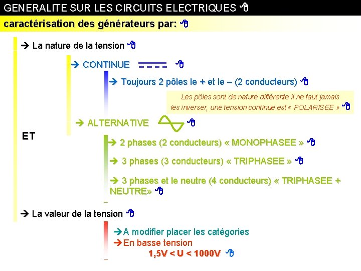 GENERALITE SUR LES CIRCUITS ELECTRIQUES caractérisation des générateurs par: La nature de la tension
