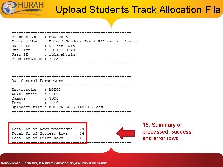 Upload Students Track Allocation File 15. Summary of processed, success and error rows 