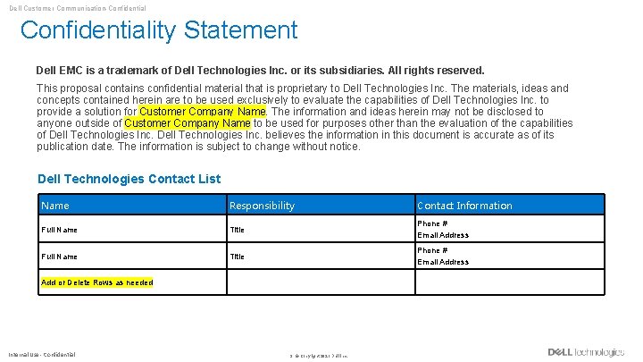 Dell Customer Communication-Confidentiality Statement Dell EMC is a trademark of Dell Technologies Inc. or