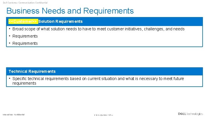 Dell Customer Communication-Confidential Business Needs and Requirements <<Customer>> Solution Requirements • Broad scope of