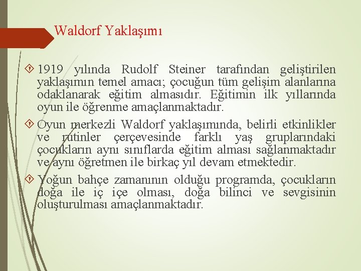 Waldorf Yaklaşımı 1919 yılında Rudolf Steiner tarafından geliştirilen yaklaşımın temel amacı; çocuğun tüm gelişim