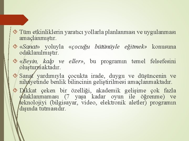  Tüm etkinliklerin yaratıcı yollarla planlanması ve uygulanması amaçlanmıştır. «Sanat» yoluyla «çocuğu bütünüyle eğitmek»
