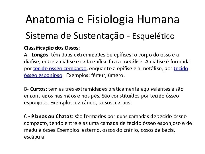 Anatomia e Fisiologia Humana Sistema de Sustentação - Esquelético Classificação dos Ossos: A -