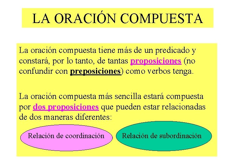 LA ORACIÓN COMPUESTA La oración compuesta tiene más de un predicado y constará, por