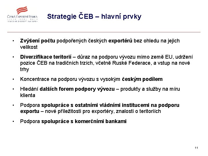 Strategie ČEB – hlavní prvky • Zvýšení počtu podpořených českých exportérů bez ohledu na