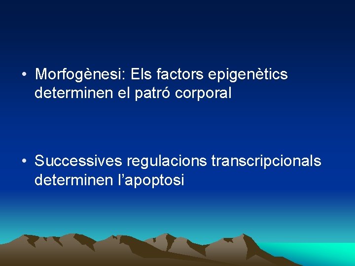  • Morfogènesi: Els factors epigenètics determinen el patró corporal • Successives regulacions transcripcionals