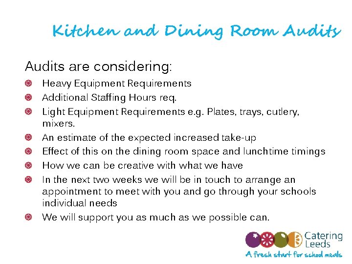 Kitchen and Dining Room Audits are considering: Heavy Equipment Requirements Additional Staffing Hours req.