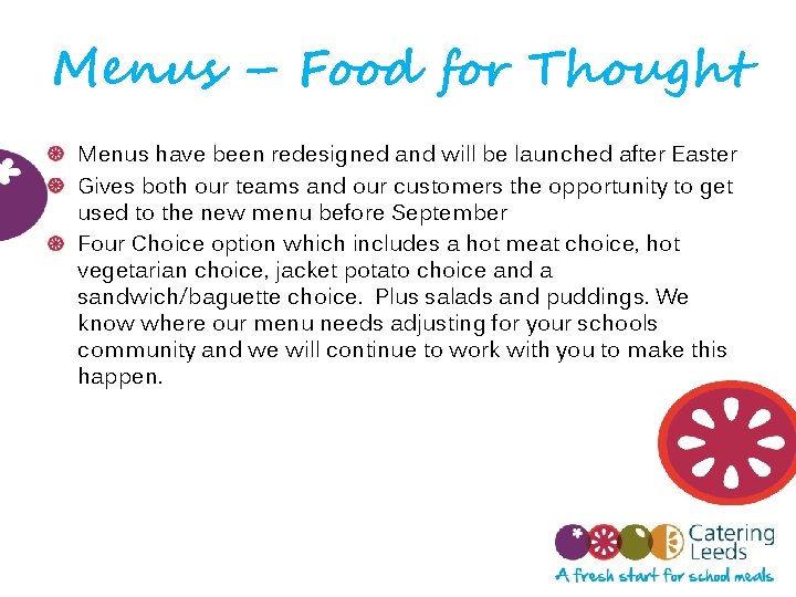 Menus – Food for Thought Menus have been redesigned and will be launched after